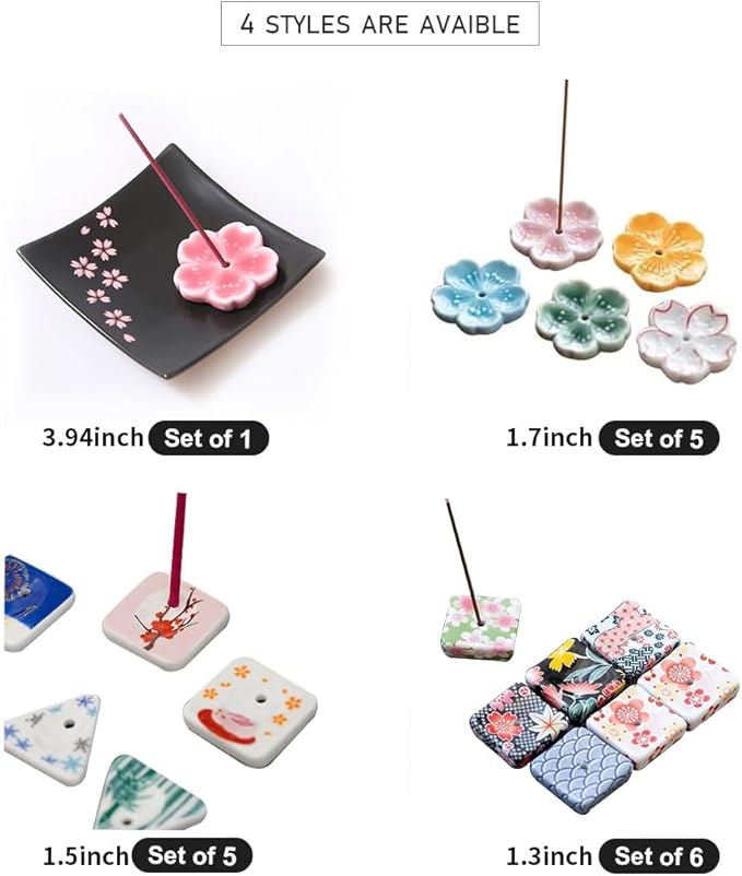 5pcs, Japanese Mini Cherry Blossom Ceramic Incense Stick Holder or Incense Burner Holder, Handmade Cute Multicolour Unique Ash Catcher Inscent Tray and Decorative Gift, Home Decor, 1.7 inches