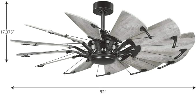 Progress Lighting Springer Collection DC Motor Farmhouse Windmill Ceiling Fan, Matte Black, 12-Blade (52" W x 17-3/8" H) P250065-31M