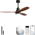 Sofucor 52 Inch Smart Ceiling Fans no Light, 3 Blade Wood Ceiling Fan Works with Remote/App/Alexa/Google, for Indoor Bedroom Living Room Outdoor Patio Porch, Brown