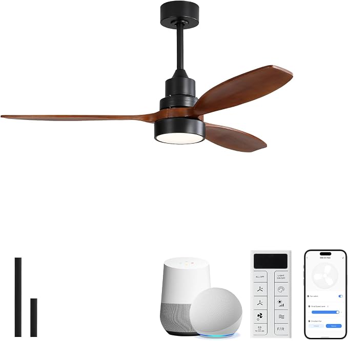 Sofucor 52 Inch Smart Ceiling Fans no Light, 3 Blade Wood Ceiling Fan Works with Remote/App/Alexa/Google, for Indoor Bedroom Living Room Outdoor Patio Porch, Brown