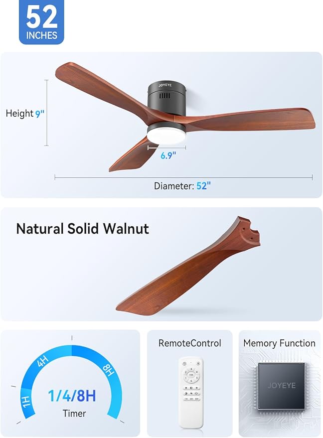 52 Inch Ceiling Fans with Lights and Remote, Solid Wood 3 Blade Modern Ceiling Fan, Quiet DC Motor, 6 Speeds, Dimmable LED, Timer, Indoor & Covered Outdoor Living Room, Bedroom, Patio (Darkwalnut)