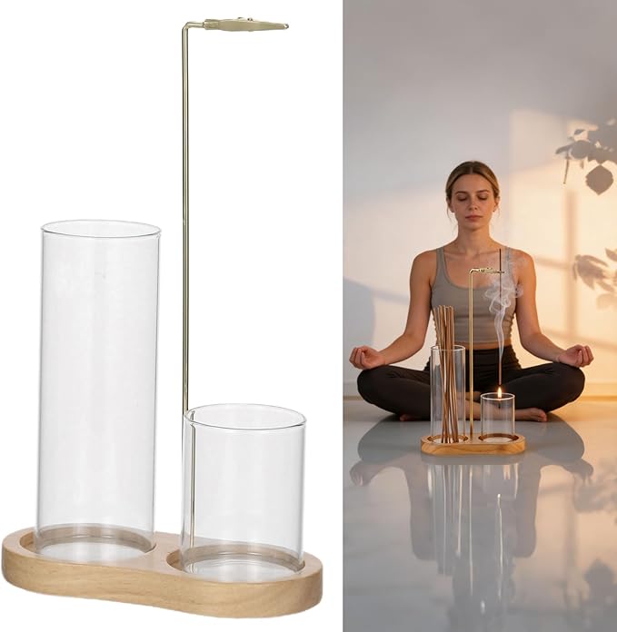 Upside Down Incense Stick Burner, Including Wood Base, Glass Ash Catcher Detachable Metal Incense Holder, Anti-Scald Design for Meditation, Yoga, Home & Office Decor
