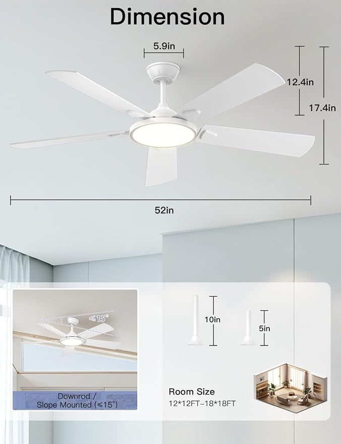 OJX Ceiling Fans with Lights, 52 inch Ceiling fan with Light and Remote/APP Control, 3CCT, Quiet DC Reversible, Dimmable, Modern Black Ceiling Fa for Bedroom, Living Room, Kitchen, Indoor/Outdoor Use