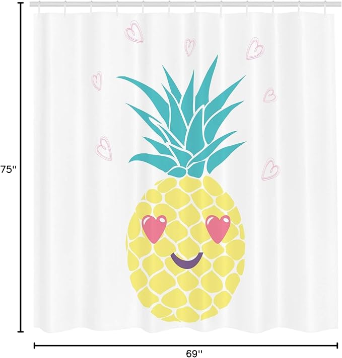 Ambesonne Tropical Shower Curtain, Pineapple Design a Smile and Heart Eyes Exotic Love Themed Fruit Portrait, Cloth Fabric Bathroom Decor Set with Hooks, 69" W x 75" L, Turquoise Yellow
