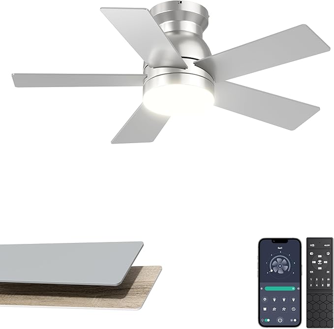 32'' Silver Low Profile Ceiling Fan with Light for Hallway, Closet | Quiet DC Motor, Flush Mount, 3CCT Dimmable, Modern Small Room Ceiling Fan with App/Remote Control
