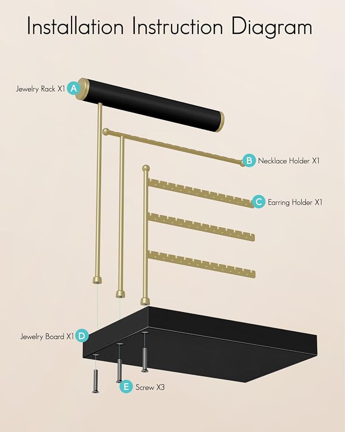 VLANDO Jewelry Stand Organizer with Ring Holder, Jewelry Holder Organizer with Tray, Necklace Bracket Earring Holder - Black