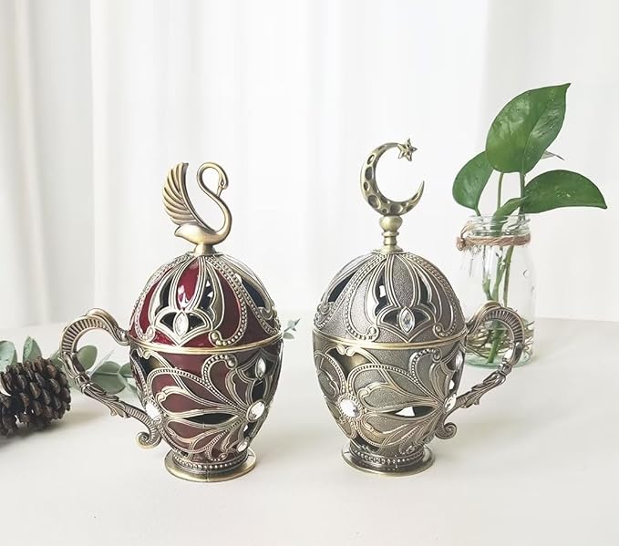 Hourwof Vintage Cone Incense Holder,Metal Incense Burner Holder with Cover,Bakhoor Burners,Incense Ash Catcher with Handle for Yoga Aromatherapy Meditation Home Office Decor,Moon Bronze