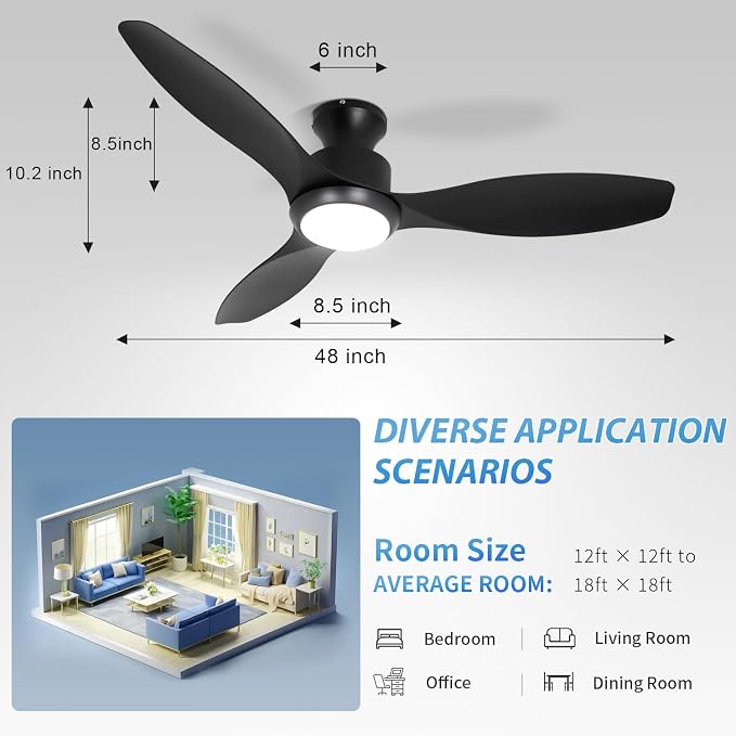 48" Ceiling Fan with Light and Remote, Black Flush Mount Ceiling Fan with 3 Blades,3 Color Dimmable Lights, 6 Speeds, Queit DC Motor, Memory Function, Indoor/Outdoor/Bedroom/Living Room/Patios, Black
