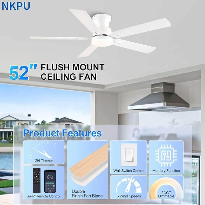 NKPU 52" Ceiling Fans with Lights, Low Profile Ceiling Fan with Light and Remote/APP Control, 6 Speed, Dimmable, Safe Quiet DC Motor, White Flush Mount Ceiling Fan for Bedroom Indoor/Outdoor Use