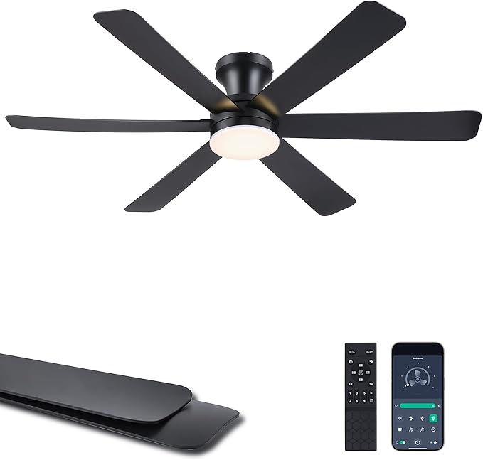 GJeg Ceiling Fans with Lights,46" Low Profile Ceiling Fan with Light and Remote Control,Flush Mount, Reversible, Dimmable, Noiseless, Black Ceiling Fan for Bedroom
