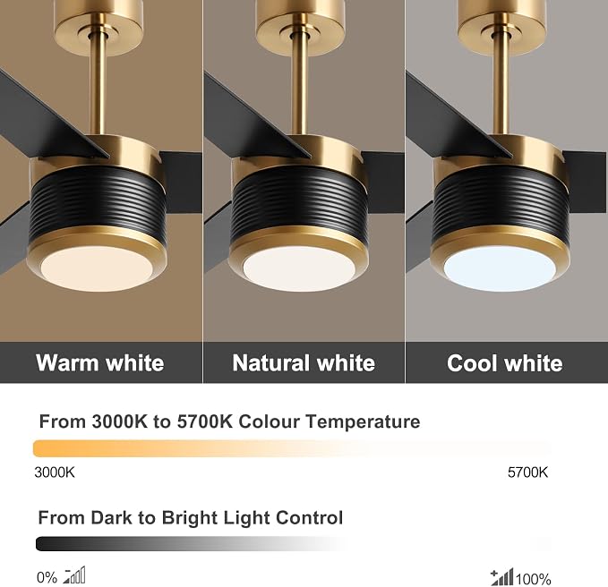 reiga 52" Modern 3 Blades Black Gold DC Motor Ceiling Fan with Light | Wood Ceiling Fans,6 Speeds Timer Compatible with Remote Control/Alexa/Google Home for Living room Bedroom Patio Farmhouse