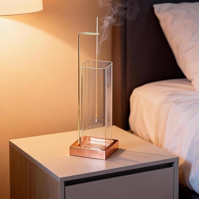 Incense Holder, Metal Incense Holder for Sticks with Glass Ash Catcher, Anti-Ash Incense Burner for Meditation Yoga Spa Room Décor (Rose Gold)