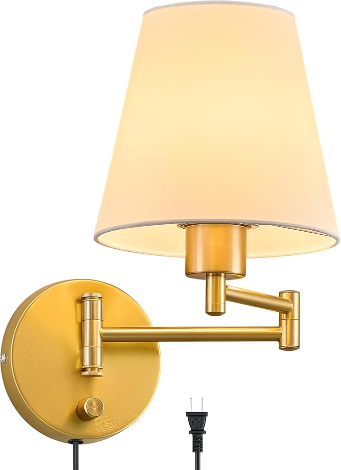 VONLUCE Swing Arm Wall Lamp, Plug in & Hardwired Wall Sconce, Adjustable Wall Mounted Lighting Fixture, Modern Wall Light with Golden Base White Fabric Shade for Bedside, Hallway, Reading
