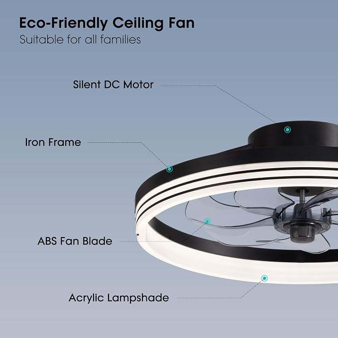 LUDOMIDE Ceiling Fans with Lights and Remote, 18'' Modern Low Profile Ceiling Fan, Dimmable LED Light, 6 Wind Speeds Flush Mount Ceiling Fans for Bedroom