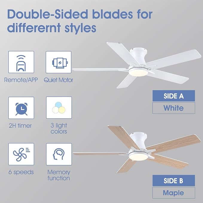 52"Modern White Low Profile Flush Mount Ceiling Fans with Light and Remote | Supports Remote and APP, 6 Wind Speeds, Reversible, Dimmable 3 Light Colors LED Light, Noiseless 30W DC Motor,2H Timer