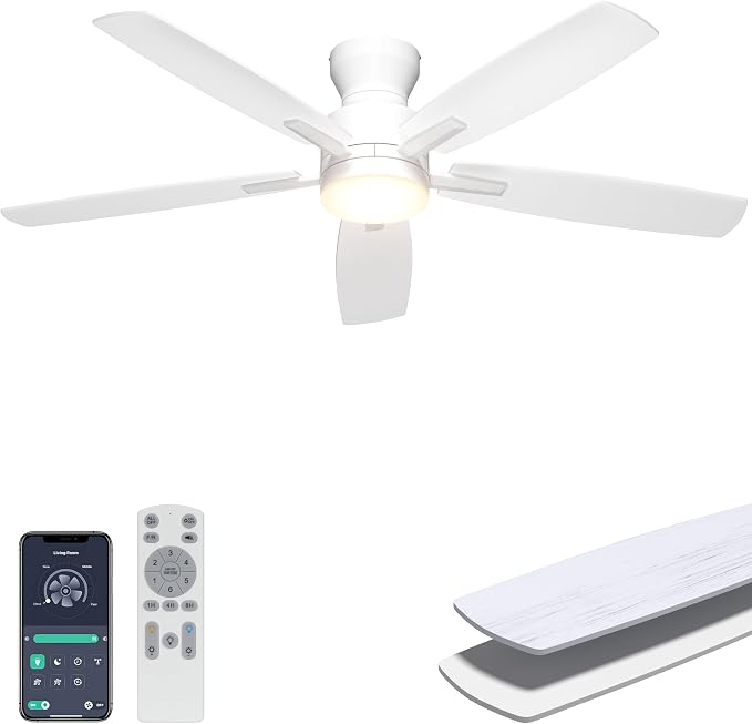 Ohniyou Ceiling Fans with Lights, 52'' Low Profile Ceiling Fan with Light and Remote/APP Control, Modern Flush Mount Ceiling Fan for Indoor Bedroom Living Room, Dimmable, Quiet DC Motor, White