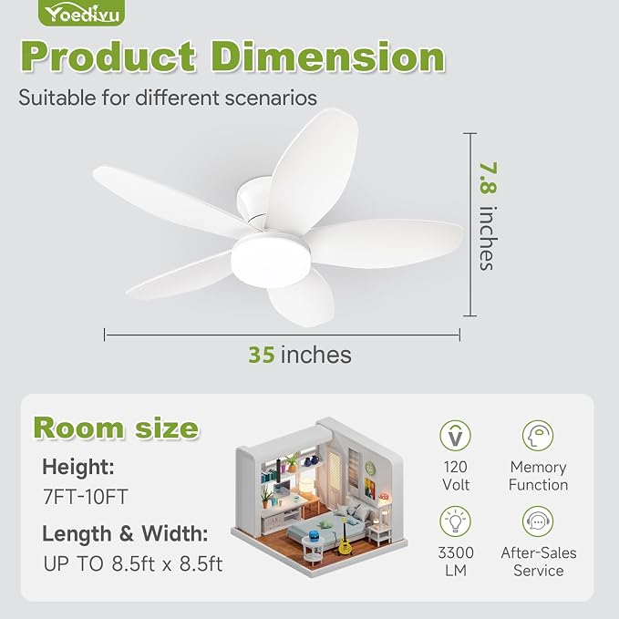 Small Ceiling Fans, 35 Inch Low Profile Ceiling Fan White Flush Mount Ceiling Fans with Lights and Remote,with 5 Reversible Blades 6 Wind Speeds, Modern Ceiling Fan for Bedroom Kitchen