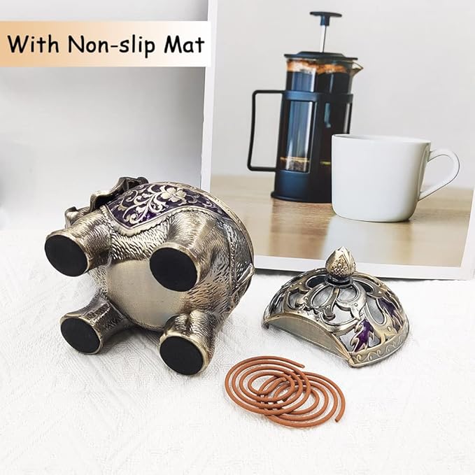 Hourwof Metal Elephant Incense Holder,Vintage Cone Coil Incense Burner with Lid,Ash Catcher,Aromatherapy Ornament Home Office Decor (Purple)