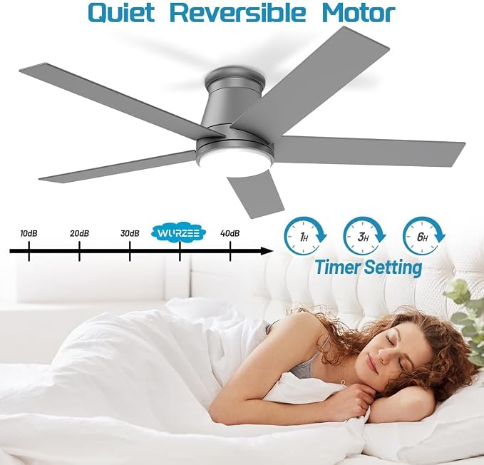 wurzee 52 Inch Flush Mount Ceiling Fan, Matte Silver Ceiling Fan with Light, Reversible DC Motors, Dimmable,Timer, Noiseless, Ceiling fan for Indoor & Outdoor Farmhouses, Dining Rooms
