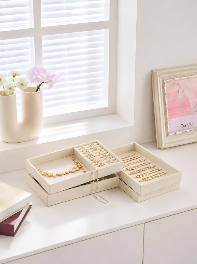 ProCase Stackable Jewelry Organizer Trays for Drawers, Jewelry Drawer Inserts Container Display Case Storage for Earring Necklace Rings Bracelet with Removable Dividers -Beige, 4 Layers