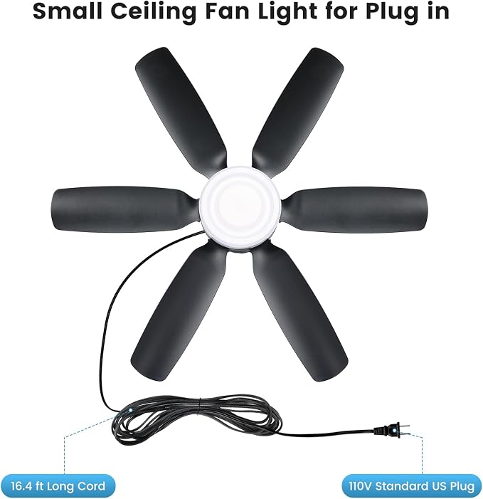 Fanspex 20.5'' Plug in Ceiling Fan with Light for Gazebo Patio Canopy Tent | 5 Fan Speeds with Adjust Lighting for Porch RV Cooling or Air Circulation, Black