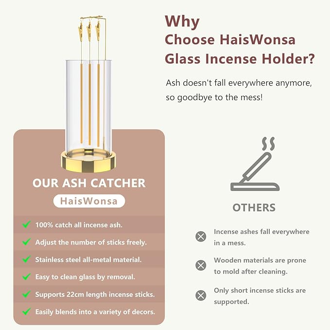 Incense Holder Ash Catcher - Upside Down Glass Incense Holder for Sticks, Reverse Inverted Anti Ash No Mess Insence-Stick Holder, Modern Metal Vertical Incense Burner for House Decor, Gold