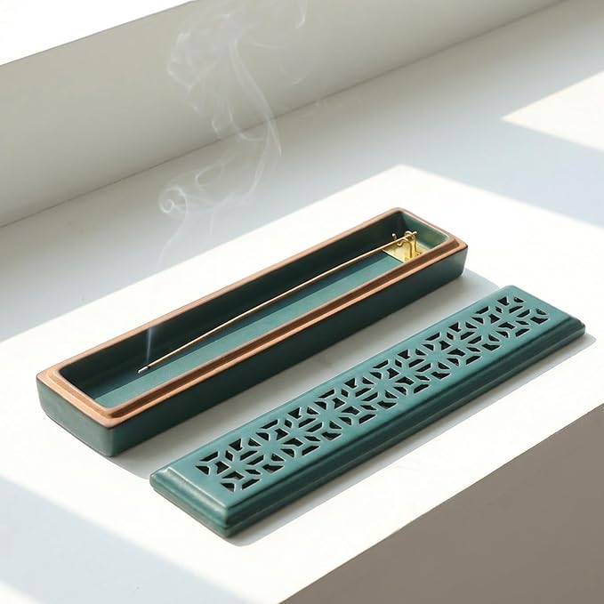 CEREMONY Incense Holder for Sticks, Ceramic Insence-Stick Holder Ash Catcher, Incense Holder Timkburner for Meditation Yoga Spa Room Incense Holder (Lever Green)
