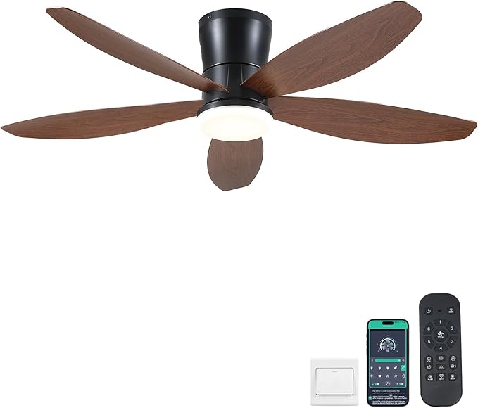 Surtime 48" Ceiling Fans with Lights-Low Profile Ceiling Fan with Light and Remote/APP Control,Flush Mount,LED Dimmable Modern Ceiling Fans for Bedroom,Indoor/Outdoor Patio Use(Brown)
