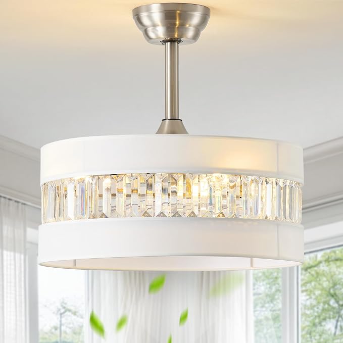 Silver and White Crystal Fandelier Ceiling Fans with Lights, 20" Farmhouse Rustic Ceiling Fan with Light Remote Control, Caged Mid-Century with 6 Speeds for Bedroom, Nursery, Living Room