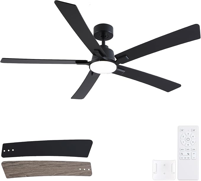 60 Inch Black Downrod Ceiling Fans with Lights and Remote | 3CCT Dimmable LED, 6 Speed, Quiet DC Motor, 3-Level Timer Function, Forward/Reserve For all Seasons, Indoor/Covered Outdoor