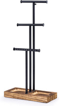 Love-KANKEI Jewelry Organizer 3-Tier,Adjustable Height,Carbonized Black | Metal Rod,Solid Wood Base,Easy to Install,Tree Style,Display Long Necklaces,Bracelets,Earrings,Rings,Watches,Bangles,Gift