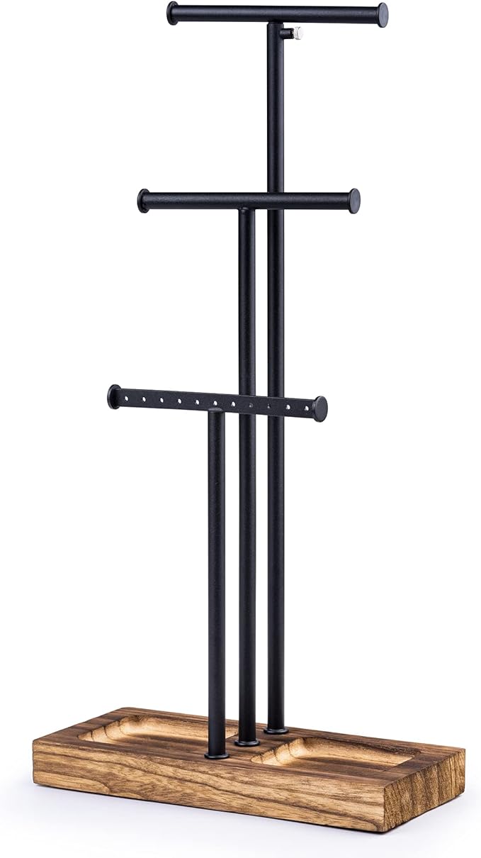 Love-KANKEI Jewelry Organizer 3-Tier,Adjustable Height,Carbonized Black | Metal Rod,Solid Wood Base,Easy to Install,Tree Style,Display Long Necklaces,Bracelets,Earrings,Rings,Watches,Bangles,Gift