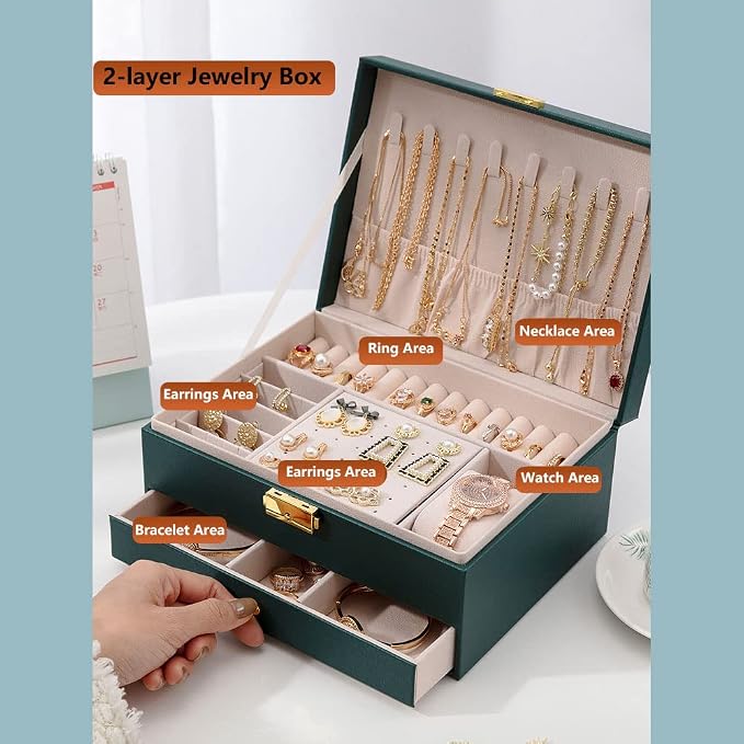 GUOER Jewelry Box for Women Girl Wife - Large PU Leather Jewelry Organizer Storage Case with Two Layers Display for Earrings Bracelets Rings Watches (Green) | Vintage Quilting Stitching PU Leather, Earrings Bracelets Rings Necklace Watches Storage Larg...