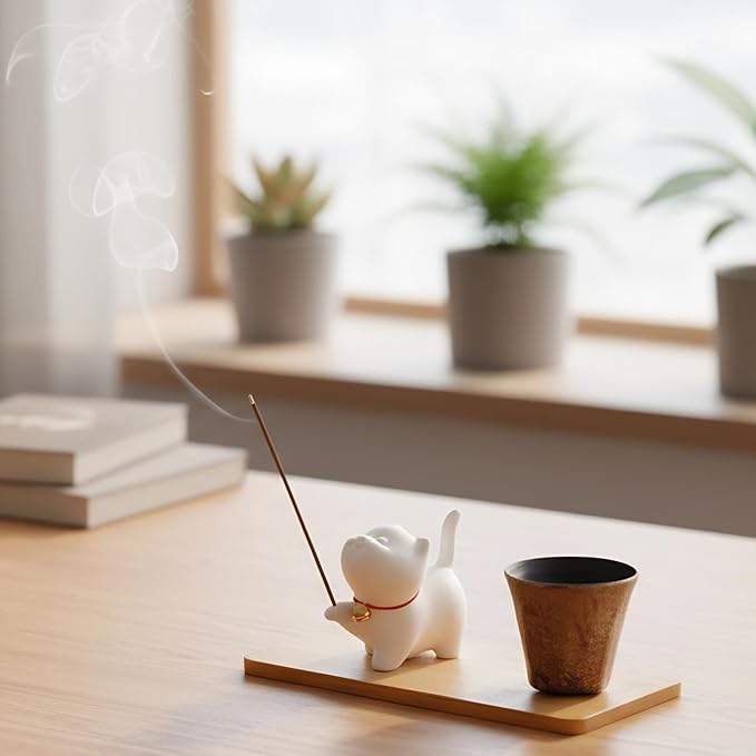 Handmade Ceramic Cat Incense Holder with Ash Catcher Bamboo and Sticks and Incense Stand, Cute Kitty Incense Burner Stick Holder Set for Meditation Yoga Massage Home Décor Gifts