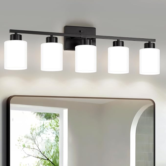 FonmYim Black Bathroom Light Fixtures, 5-Light Modern Vanity Light Over Mirror, Wall Sconces with Milky White Frosted Glass Shades, E26 Socket (Bulbs Not Included)