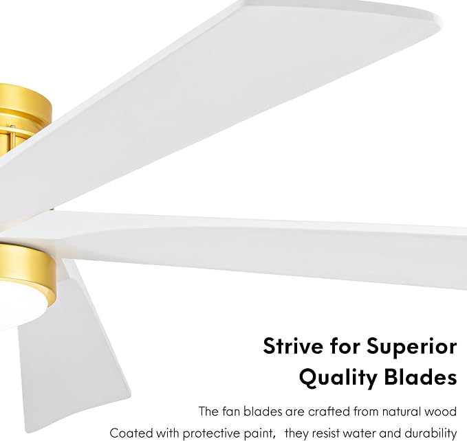 EKIZNSN 72 Inch Modern Low Profile Ceiling Fan with Lights for Living Room, 5 Walnut Wood Blades, 6-Gear Speed, 110V Noiseless Reversible DC Motor (Gold Finish with White Blades)