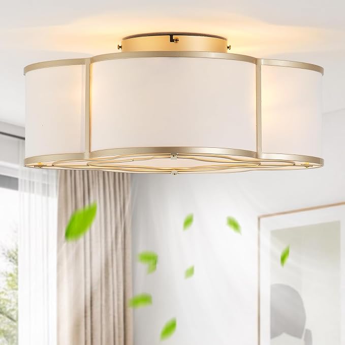 20" Boho Ceiling Fan with Light, Rattan Flush Mount Ceiling Fan with Light Remote Control, Caged Enclosed with 6 Speeds for Bedroom, Living Room, Foyer, Nursery (Gold)