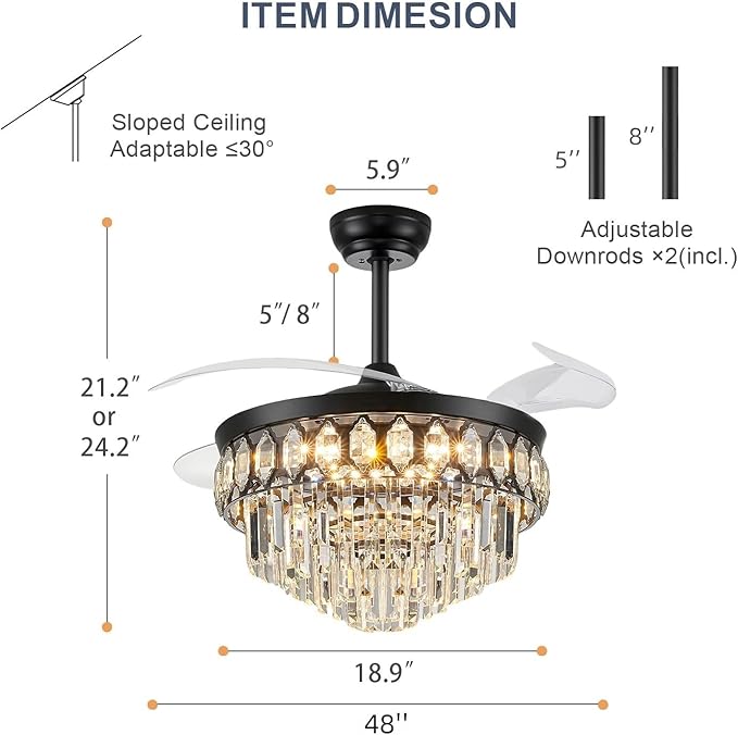 FIDGRA 48 Inch Fandelier Ceiling Fan with Light, Retractable Ceiling Fan with Lights Chandelier Fan for Bedroom, Living Room, 3 Color Temperature, 6 Wind Speed-Black