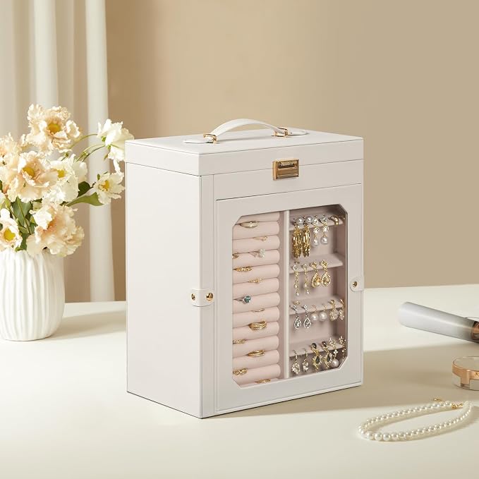HOOBRO Jewelry Box with Mirror, Travel Jewelry Organizer with Glass Window, Jewelry Storage Case, Vertical Storage, Gift for Loved Ones, for Earrings, Rings, Necklaces, Bracelets, White WT03JB04G2