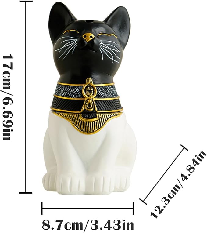 Egyptian Cat Statue Incense Burner, Vintage Resin Meditating Cat Incense Cone Holder, Home Office Aromatherapy Decor for Zen Yoga Spa (Black White)