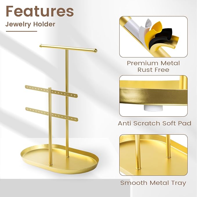 Saydear 3-Tier Jewelry Organizer Stand, Earring Holder Necklace Tree | Gold Metal Earring Rails With Top Necklace Bar, Oval Tray Base, Ideal Vanity Dresser Decor, Gift For Her