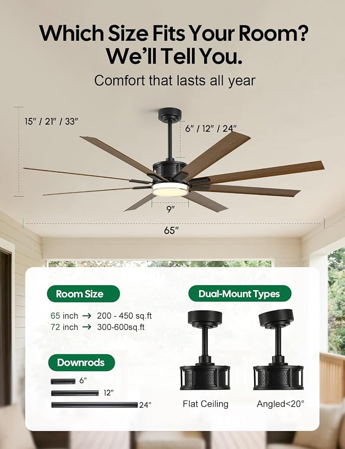 65 Inch Smart Outdoor Ceiling Fans for Patios with Light Waterproof, Wet Rated 8 Aluminum Blades, Alexa/App/Remote Control, High-CFM Quiet DC Motor, for Large Exterior Garage, Pergola, Outside Gazebo