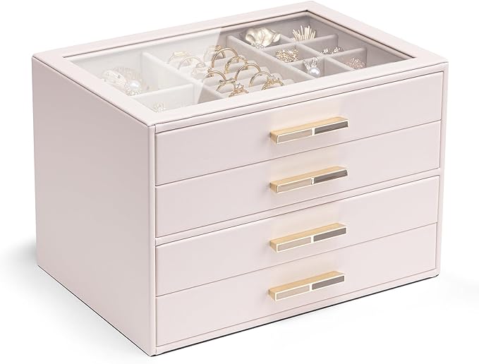 VLANDO 4-Drawer Jewelry Box with Glass Lid, Faux Leather Organizer for Rings Earrings Necklaces and More, Gift-Ready Jewelry Case for Women Girls or Moms, Pink Beige