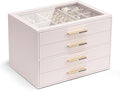VLANDO 4-Drawer Jewelry Box with Glass Lid, Faux Leather Organizer for Rings Earrings Necklaces and More, Gift-Ready Jewelry Case for Women Girls or Moms, Pink Beige