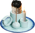 Incense Burner, Sage Palo Santo Candle Sticks Holder for Burning with Ash Catcher Tray, Handmade Ceramic Multi-Use Aromatherapy Tray for Meditation, Yoga, Home Decor (Cyan)
