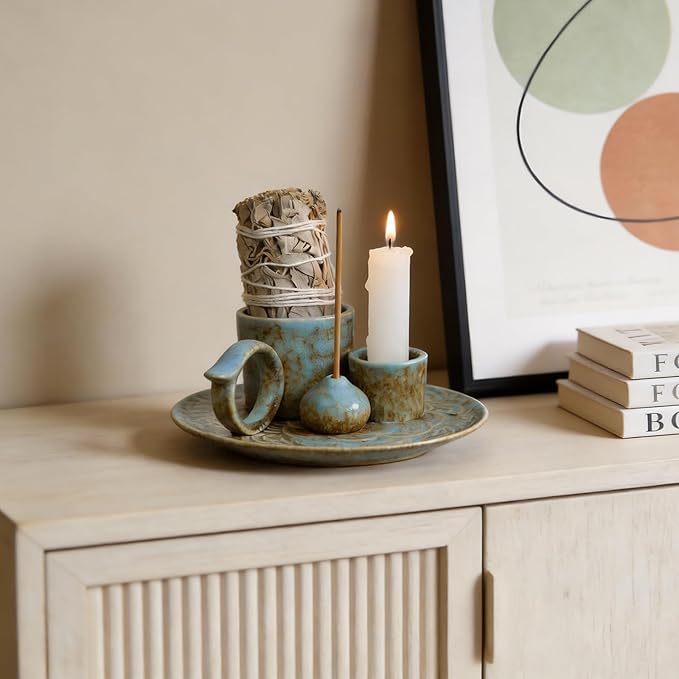 Tnstbiee 4-in-1Blue Ceramic Palo Santo Burner Holder - Small Incense Burner & Smudge Tray Bowl for Incense Sticks/Cones & Sage - Ideal for Meditation Rooms,Zen and Aromatic Scents - Matches Compatible