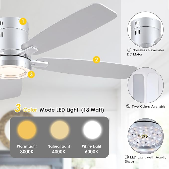 52 Inch Modern Ceiling Fans with Lights Flush Mount Indoor, Silver | Low Profile, Dimmable LED, Reversible, Quiet DC Motor, Wooden Blades, for Modern Apartment Bedroom Home Office Living Room