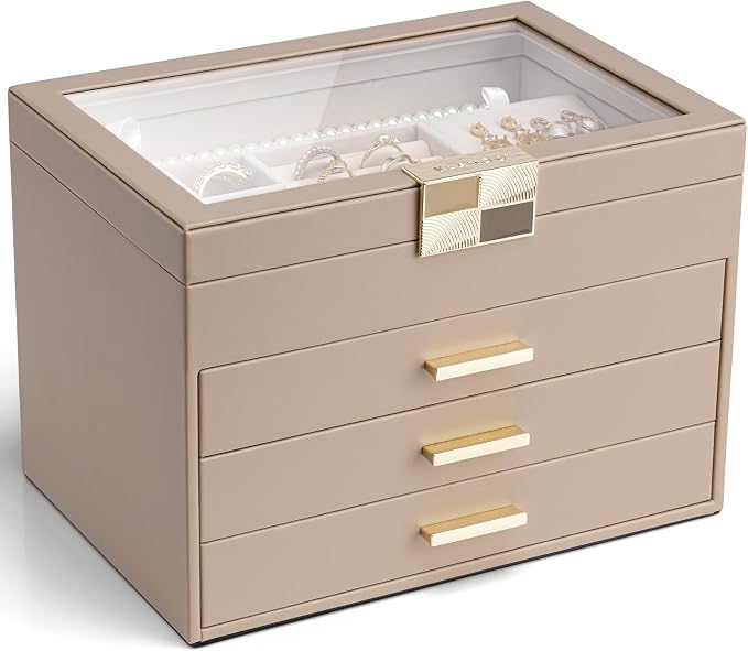 VLANDO Jewelry Box Organizer for Women, 4-Layer Jewelry Storage Case with Glass Lid, Gold Handle, 3 Drawers for Rings, Earrings, Necklaces and Bracelets - Toffee