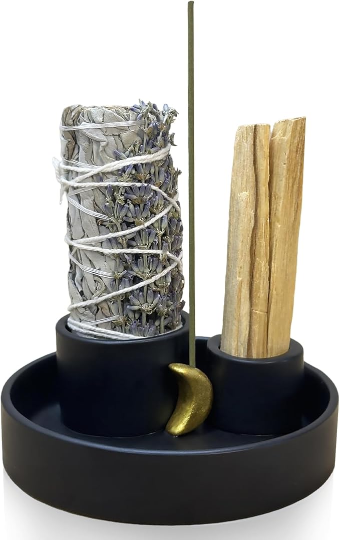 4 in 1 Incense Burner Holder, Palo Santo Holder, Sage Holder for Burning, Ceramic Incense Sticks Holder for Meditation Yoga Room Home Decor(Black)