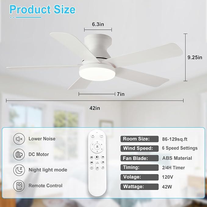 Depuley Ceiling Fan with RGB Light: 42-Inch White Small Fans for Bedroom Indoor Outdoor - Dimmable Low Profile Ceiling Fans with Remote Control Flush Mount 5 Reversible White Blades 6 Speeds Timer